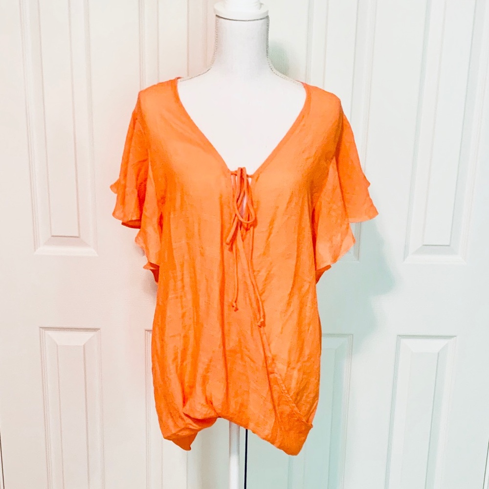 NWT Orange Flutter Sleeve Draped Blouse